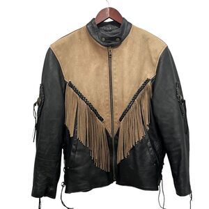 Jamin Leather Biker Jacket Women Size Large Fringe Conches Western Black Tan
